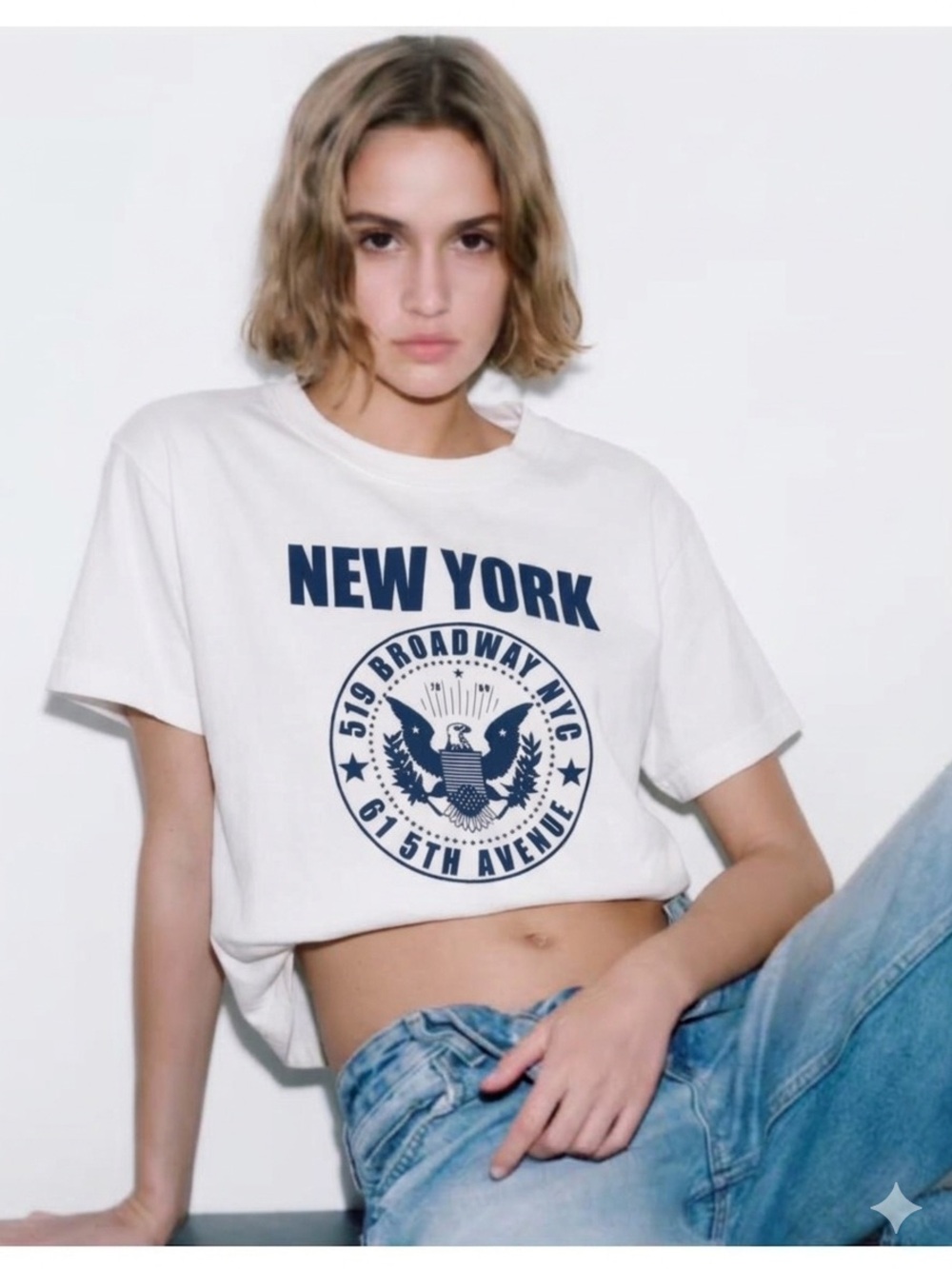 Brandy Melville John Galt White Tee with Navy New York Graphic